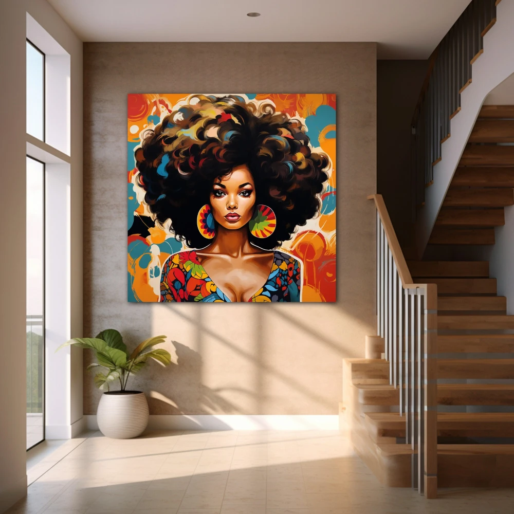 Wall Art titled: Spring Essence in a Square format with: Blue, Orange, and Vivid Colors; Decoration the Staircase wall
