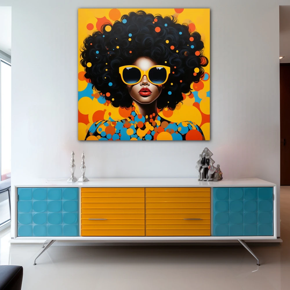 Wall Art titled: Eclipsing Monotony in a Square format with: Yellow, Blue, Orange, and Vivid Colors; Decoration the Sideboard wall
