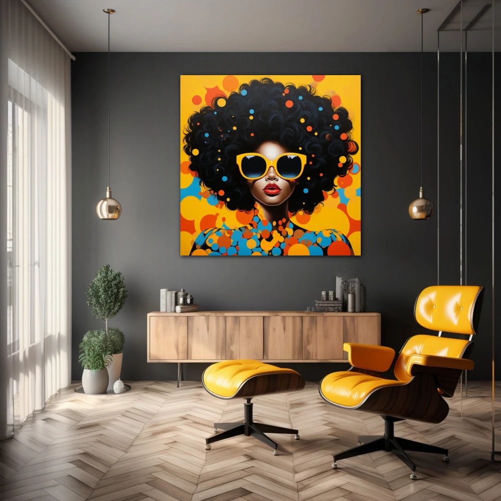 Wall Art titled: Eclipsing Monotony in a Square format with: Yellow, Blue, Orange, and Vivid Colors; Decoration the Barbería wall