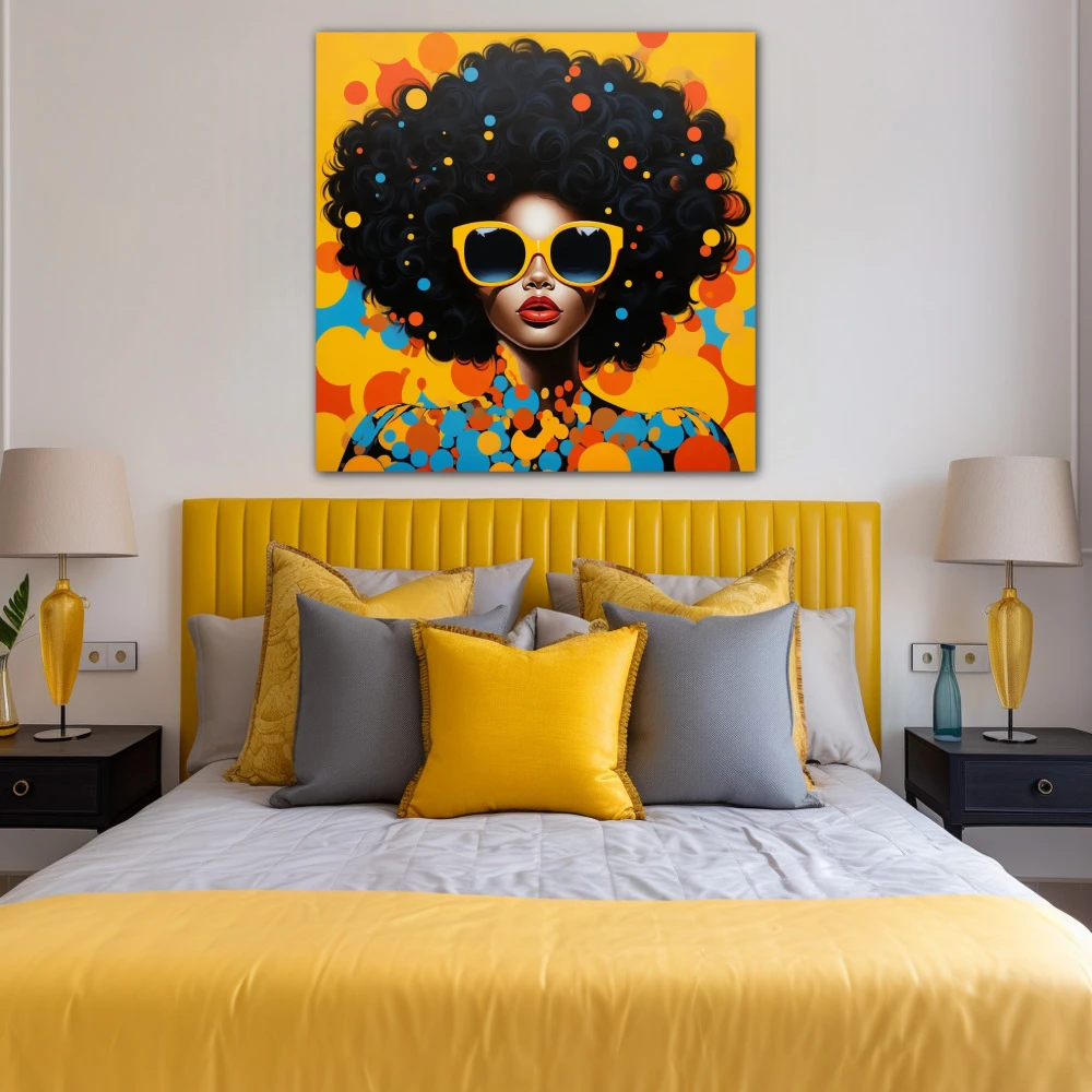 Cuadro eclipsando la monotonía en formato cuadrado con colores amarillo, azul, naranja, vivos; decorando pared de habitación dormitorio
