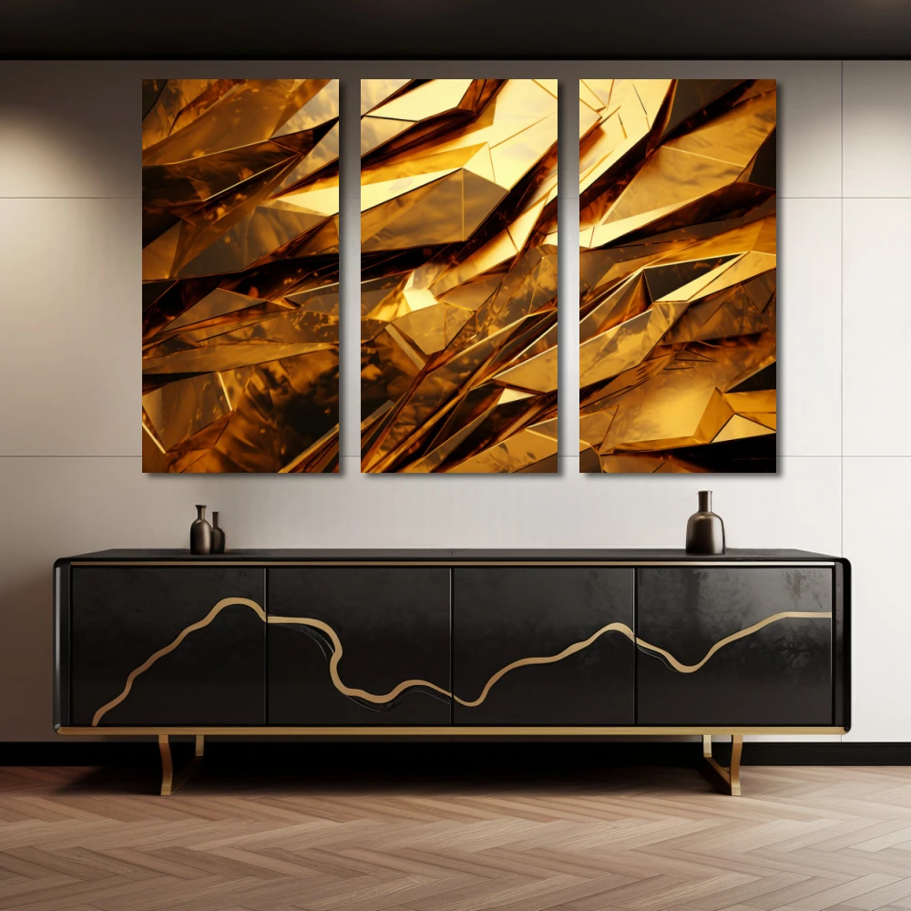Cuadro resplandor dorado en formato tríptico con colores dorado; decorando pared de aparador