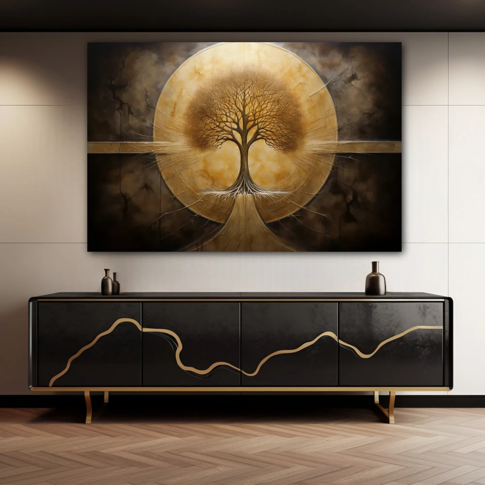 Cuadro raíces eternas en formato horizontal con colores dorado, marrón; decorando pared de aparador