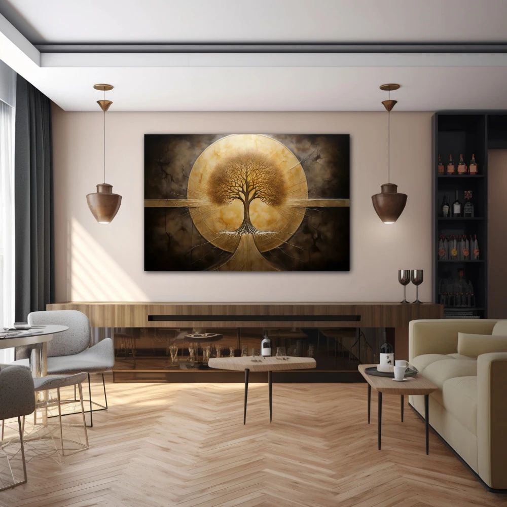 Cuadro raíces eternas en formato horizontal con colores dorado, marrón; decorando pared de bar