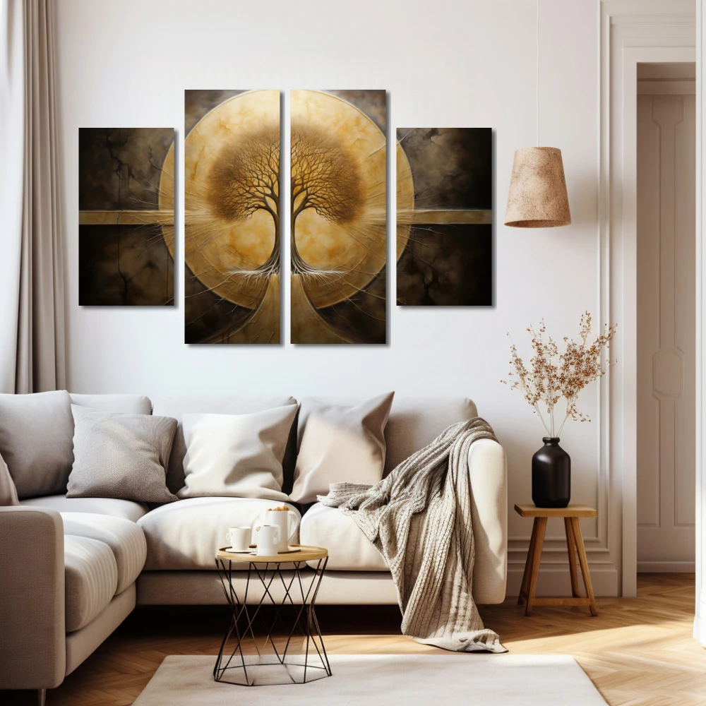 Wall Art titled: Eternal Roots in a Horizontal format with: Golden, and Brown Colors; Decoration the Beige Wall wall