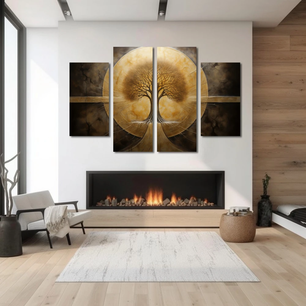 Wall Art titled: Eternal Roots in a Horizontal format with: Golden, and Brown Colors; Decoration the Fireplace wall
