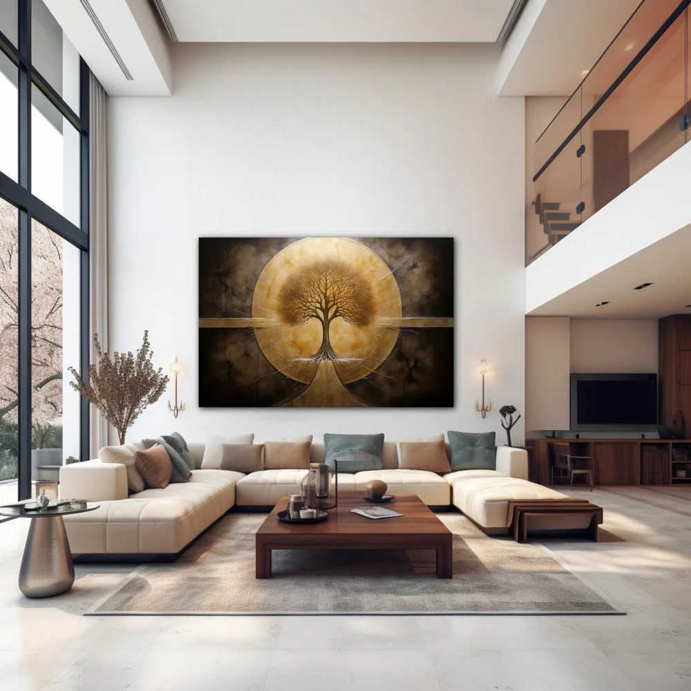 Wall Art titled: Eternal Roots in a Horizontal format with: Golden, and Brown Colors; Decoration the Above Couch wall