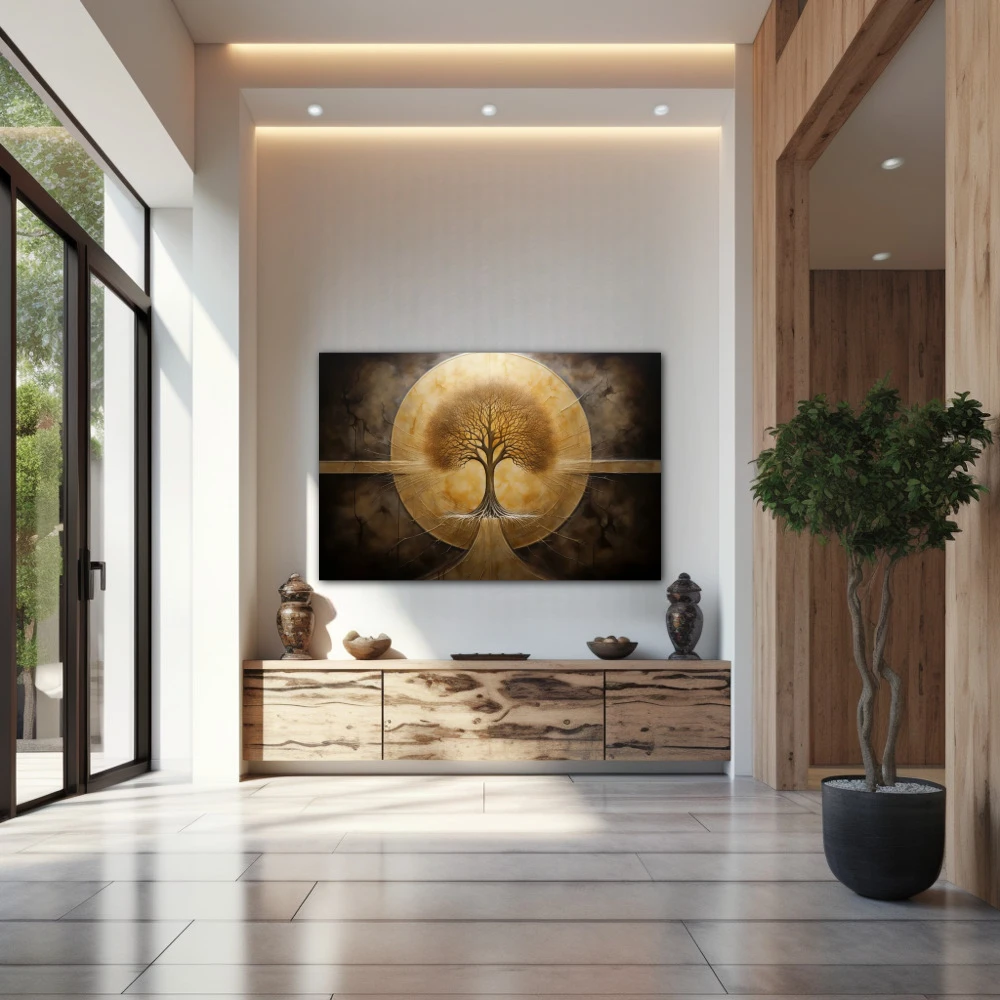 Wall Art titled: Eternal Roots in a Horizontal format with: Golden, and Brown Colors; Decoration the Entryway wall
