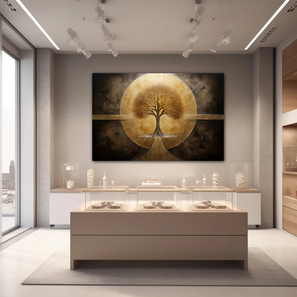 Wall Art titled: Eternal Roots in a Horizontal format with: Golden, and Brown Colors; Decoration the Jewellery wall
