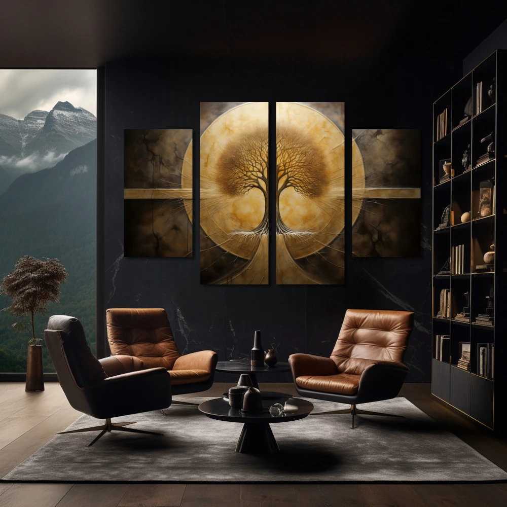 Wall Art titled: Eternal Roots in a Horizontal format with: Golden, and Brown Colors; Decoration the Black Walls wall