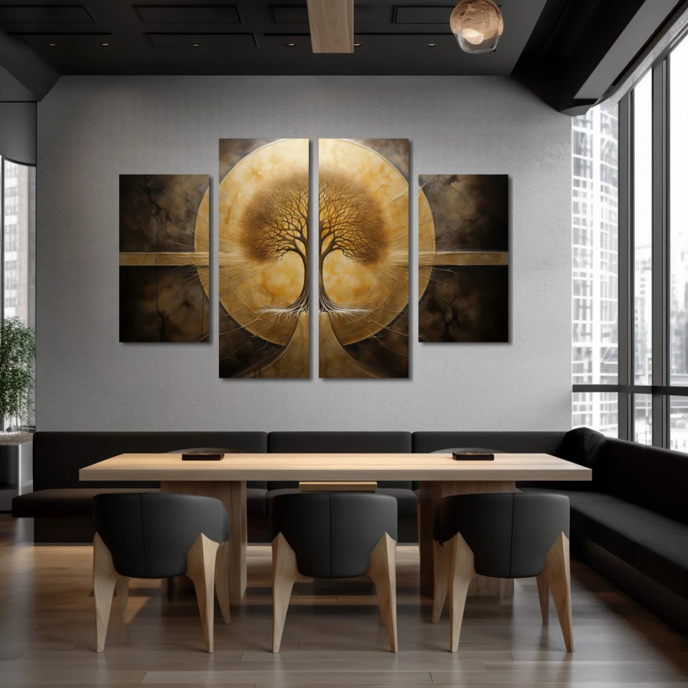Cuadro raíces eternas en formato políptico con colores dorado, marrón; decorando pared de restaurante