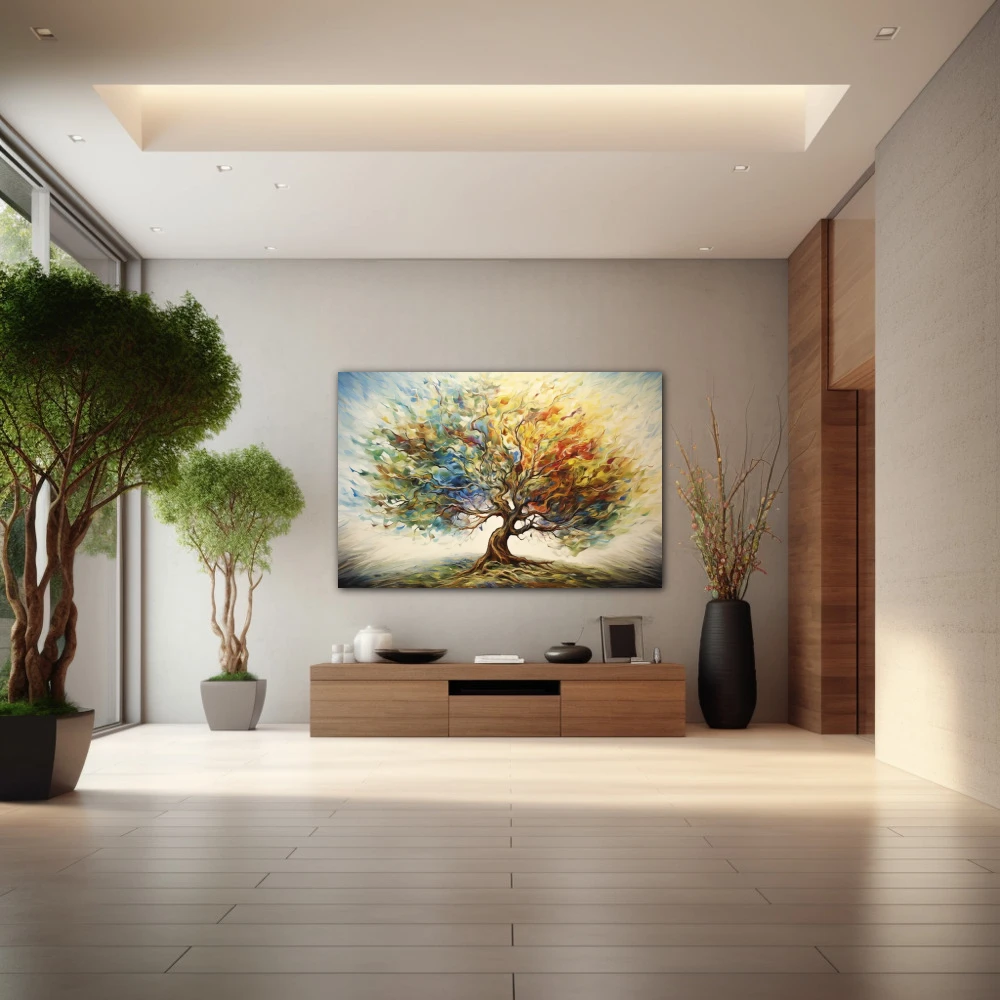 Wall Art titled: Flow of Consciousness in a Horizontal format with: Blue, Brown, Orange, and Green Colors; Decoration the Entryway wall
