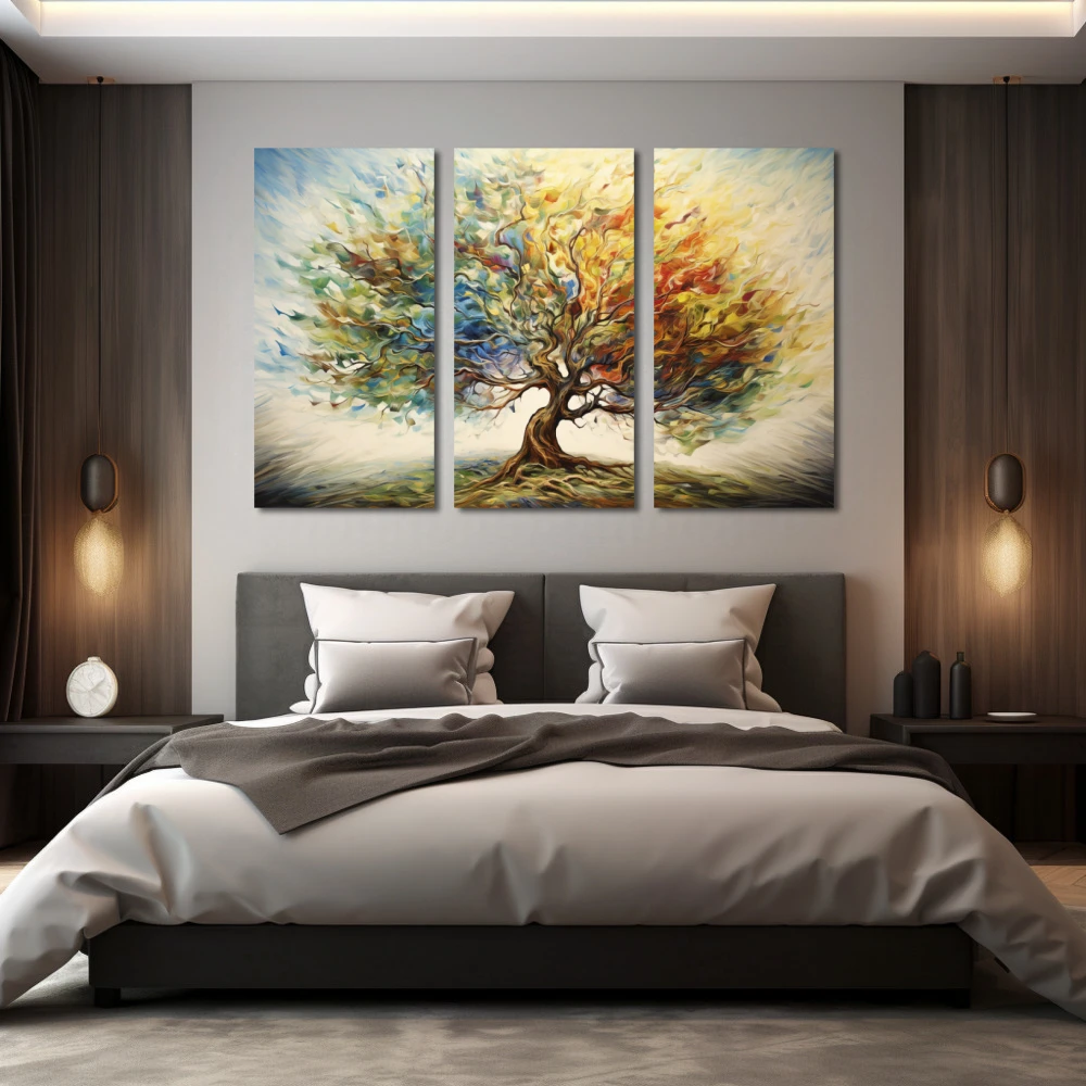 Wall Art titled: Flow of Consciousness in a Horizontal format with: Blue, Brown, Orange, and Green Colors; Decoration the Bedroom wall