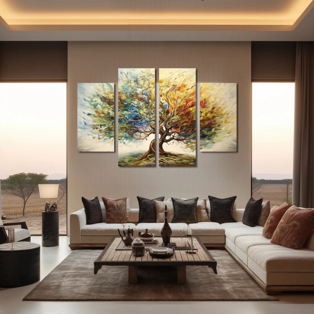 Wall Art titled: Flow of Consciousness in a Horizontal format with: Blue, Brown, Orange, and Green Colors; Decoration the Living Room wall