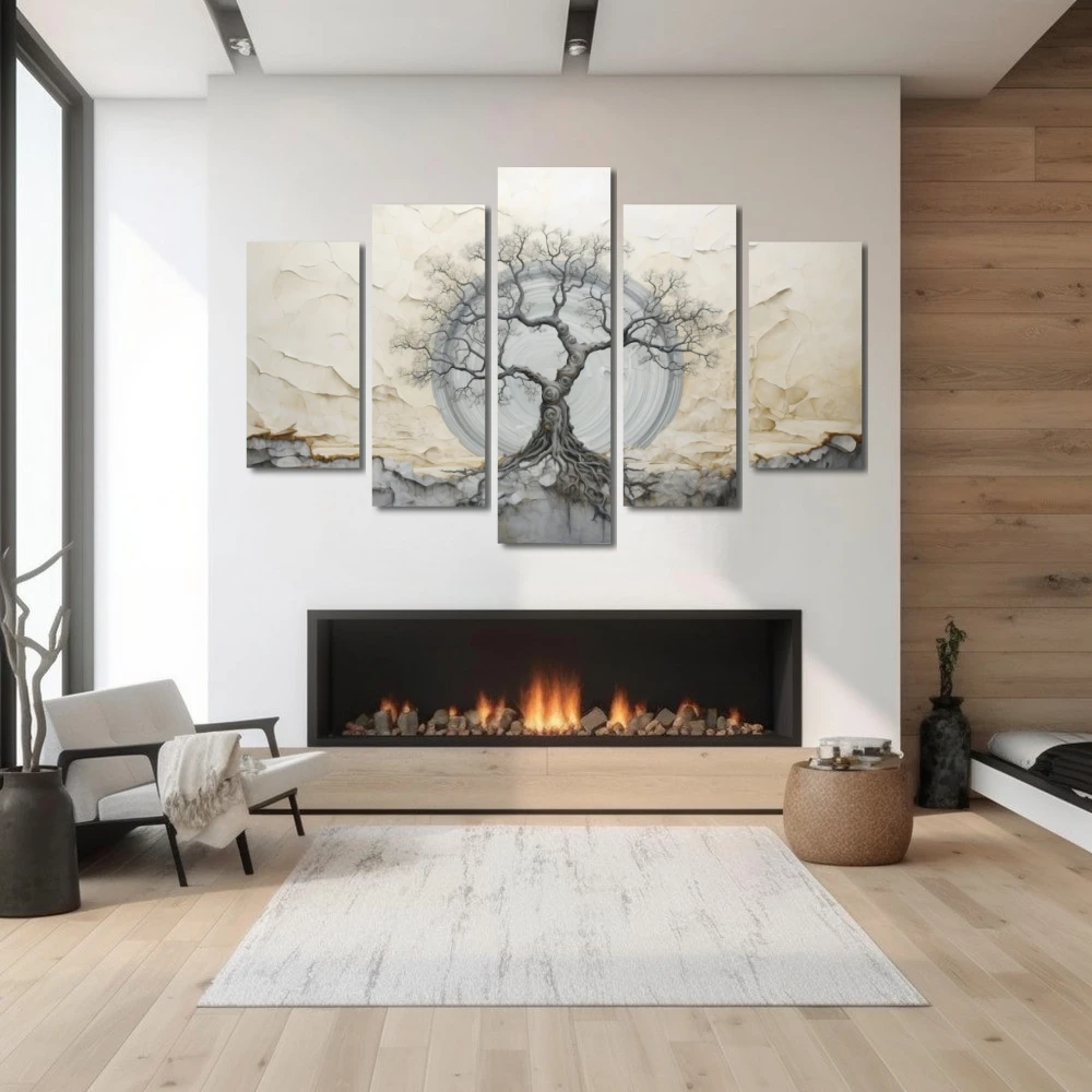 Wall Art titled: Echoes of Genesis in a Horizontal format with: white, Grey, and Monochromatic Colors; Decoration the Fireplace wall