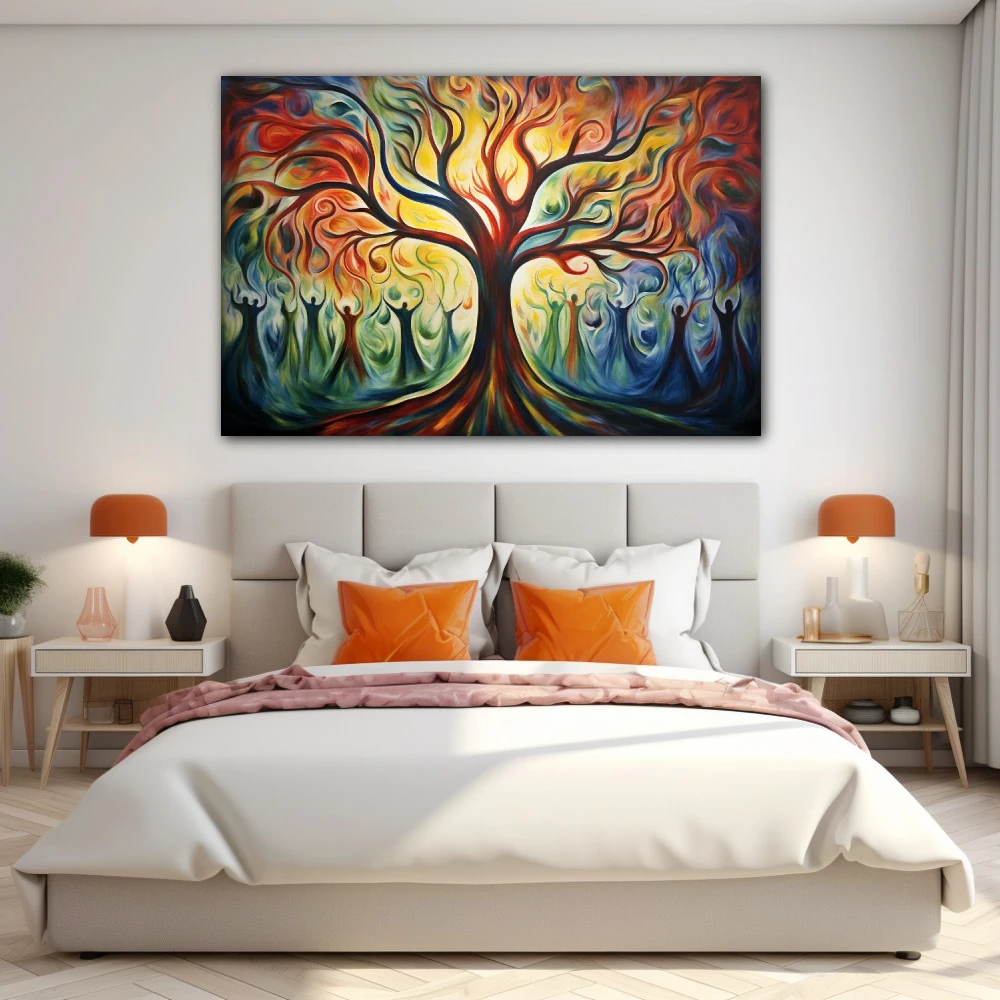 Cuadro raíces ancestrales en formato horizontal con colores azul, marrón, rojo; decorando pared de habitación dormitorio