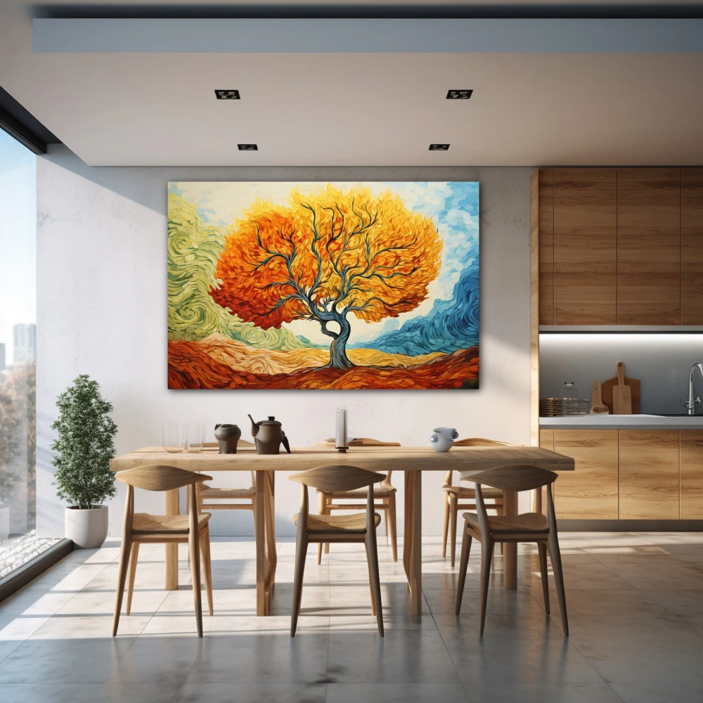 Wall Art titled: Chromatic Vital Effluvia in a Horizontal format with: Sky blue, and Orange Colors; Decoration the Kitchen wall