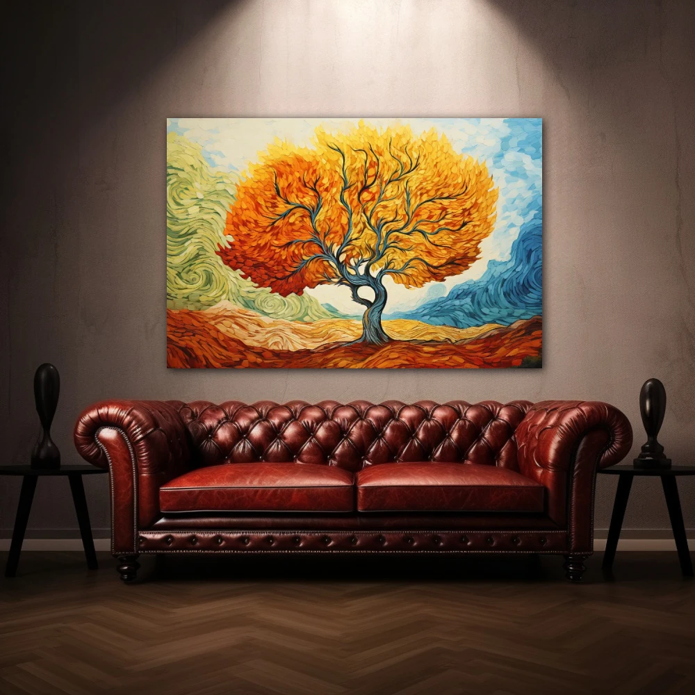 Cuadro efluvios vitales cromáticos en formato horizontal con colores celeste, naranja; decorando pared de encima del sofá