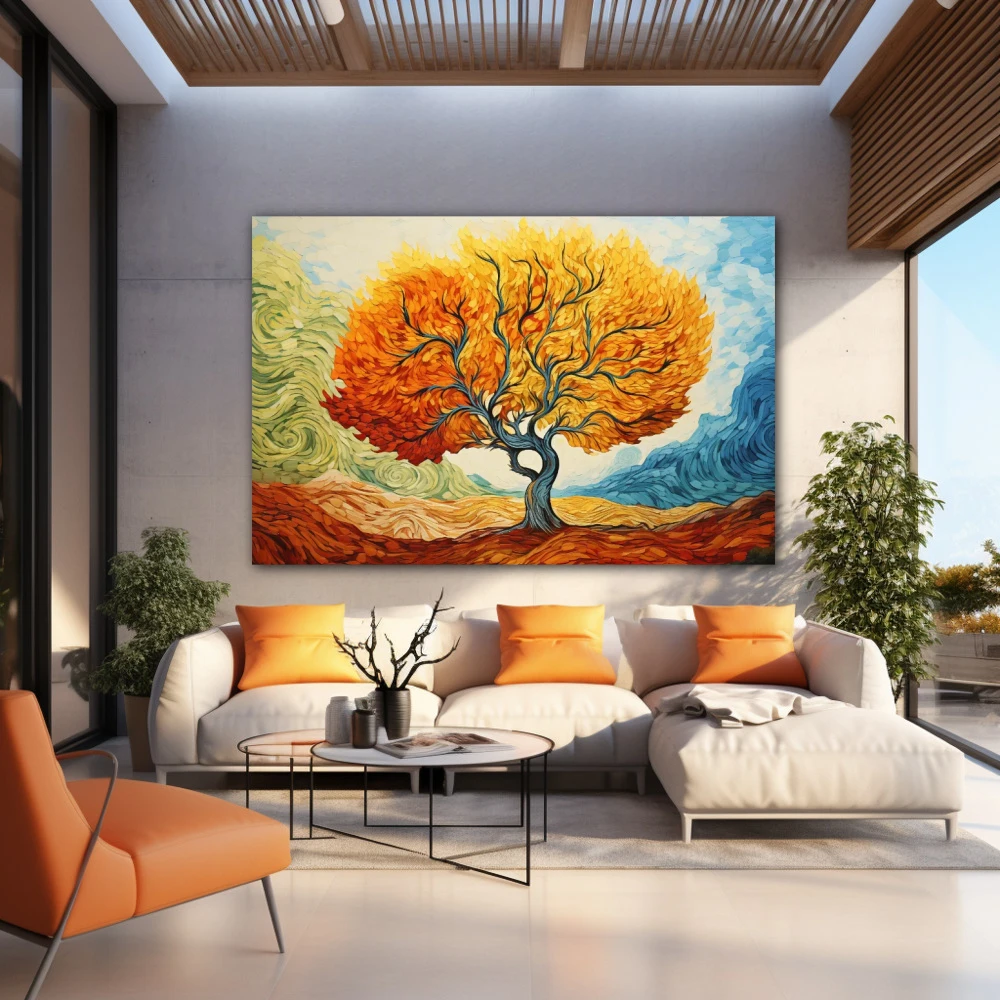 Wall Art titled: Chromatic Vital Effluvia in a Horizontal format with: Sky blue, and Orange Colors; Decoration the Outdoor wall