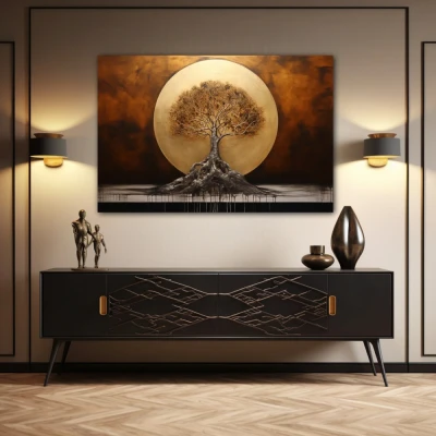 Wall Art titled: The Dawn of Life in a Horizontal format with: Golden, and Brown Colors; Decoration the Sideboard wall
