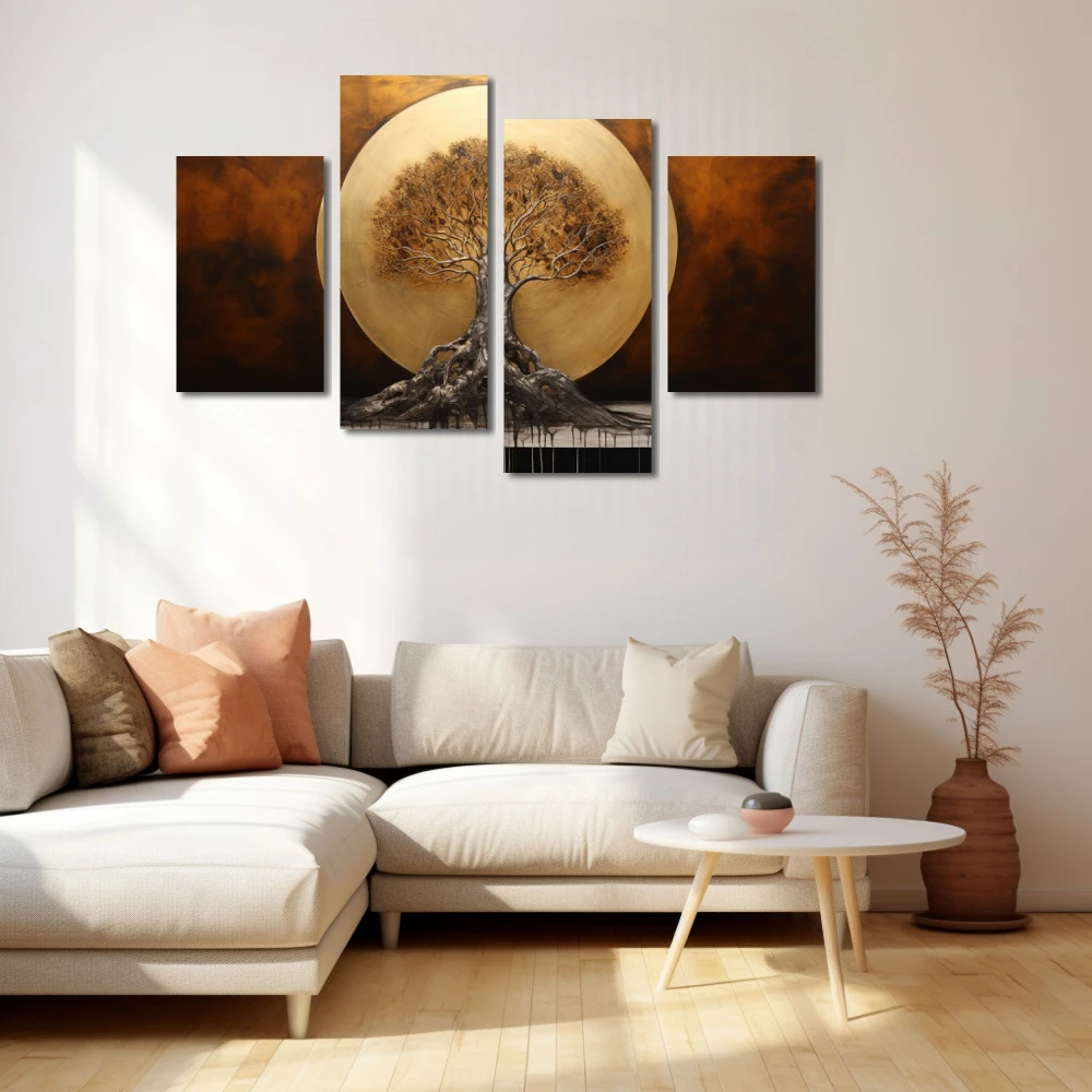 Wall Art titled: The Dawn of Life in a Horizontal format with: Golden, and Brown Colors; Decoration the Beige Wall wall