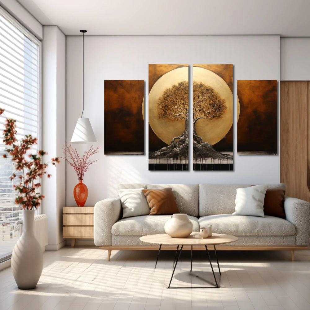 Wall Art titled: The Dawn of Life in a Horizontal format with: Golden, and Brown Colors; Decoration the White Wall wall