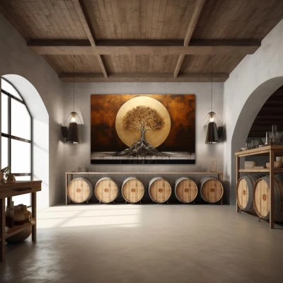 Wall Art titled: The Dawn of Life in a Horizontal format with: Golden, and Brown Colors; Decoration the Winery wall