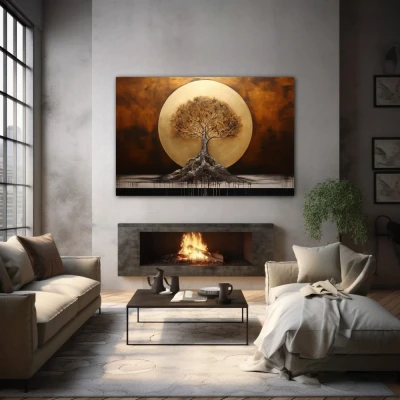 Wall Art titled: The Dawn of Life in a Horizontal format with: Golden, and Brown Colors; Decoration the Fireplace wall