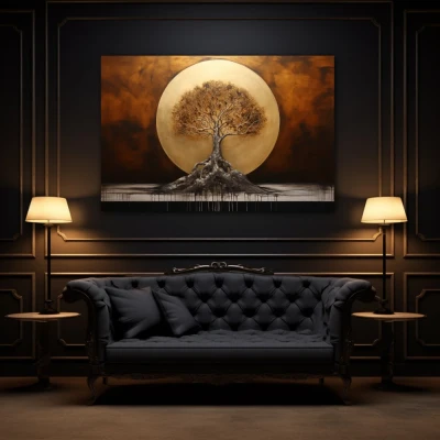 Wall Art titled: The Dawn of Life in a Horizontal format with: Golden, and Brown Colors; Decoration the Above Couch wall