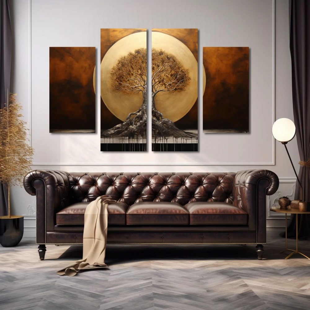 Cuadro el amanecer de la vida en formato políptico con colores dorado, marrón; decorando pared de encima del sofá