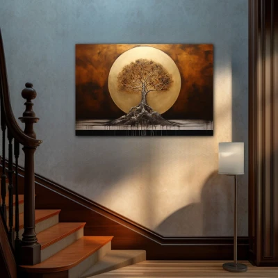 Wall Art titled: The Dawn of Life in a Horizontal format with: Golden, and Brown Colors; Decoration the Staircase wall