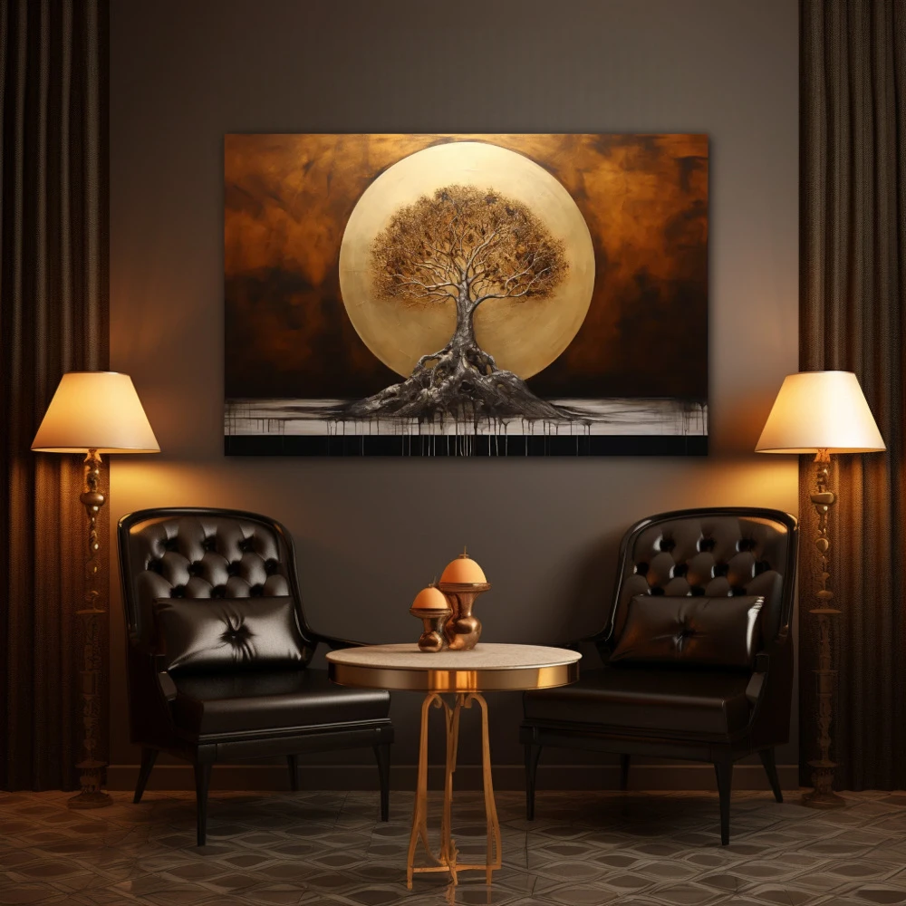 Cuadro el amanecer de la vida en formato horizontal con colores dorado, marrón; decorando pared de salón comedor