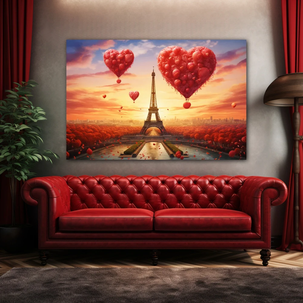 Cuadro parís, la ville d'amour en formato horizontal con colores amarillo, rojo; decorando pared de encima del sofá