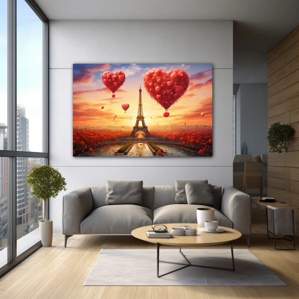 Wall Art titled: Paris, the City of Love in a Horizontal format with: Yellow, and Red Colors; Decoration the Inmobiliaria wall