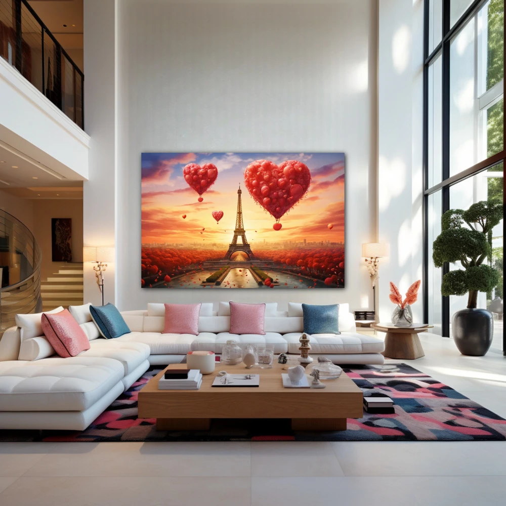 Wall Art titled: Paris, the City of Love in a Horizontal format with: Yellow, and Red Colors; Decoration the Living Room wall