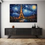 Wall Art titled: Reflections of a Dreaming Paris in a Horizontal format with: Blue, Golden, and Navy Blue Colors; Decoration the Sideboard wall