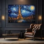 Wall Art titled: Reflections of a Dreaming Paris in a Horizontal format with: Blue, Golden, and Navy Blue Colors; Decoration the Living Room wall