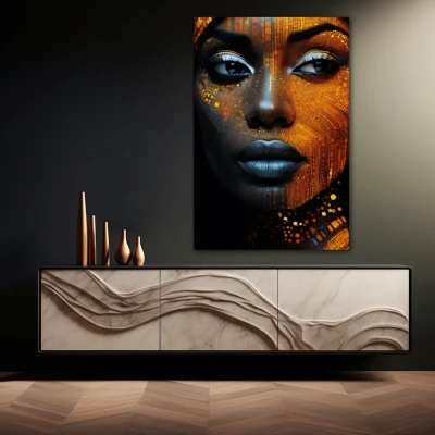 Wall Art titled: Cyber beauty in a Vertical format with: Golden, and Black Colors; Decoration the Sideboard wall
