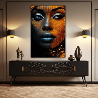 Wall Art titled: Cyber beauty in a Vertical format with: Golden, and Black Colors; Decoration the Sideboard wall