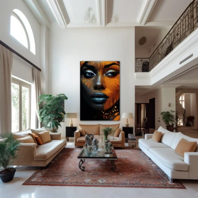 Wall Art titled: Cyber beauty in a Vertical format with: Golden, and Black Colors; Decoration the Above Couch wall