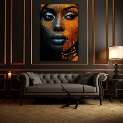 Wall Art titled: Cyber beauty in a  format with: Golden, and Black Colors; Decoration the Above Couch wall