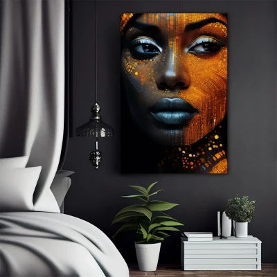 Wall Art titled: Cyber beauty in a  format with: Golden, and Black Colors; Decoration the Bedroom wall