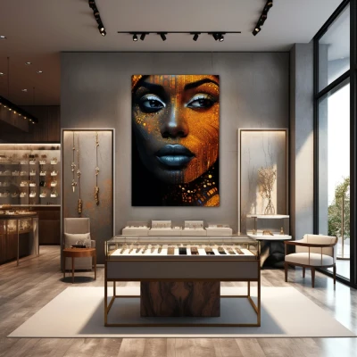 Wall Art titled: Cyber beauty in a Vertical format with: Golden, and Black Colors; Decoration the Jewellery wall