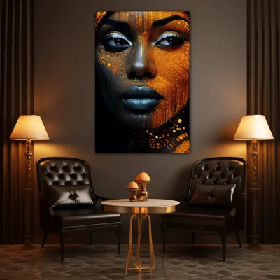Wall Art titled: Cyber beauty in a  format with: Golden, and Black Colors; Decoration the Living Room wall