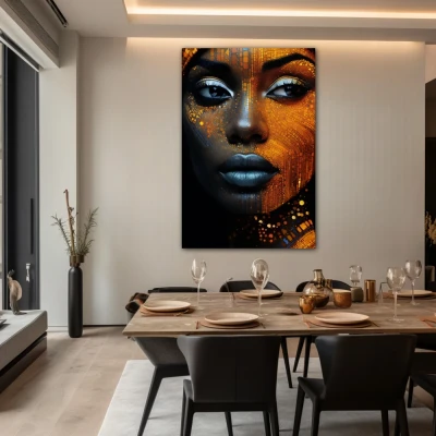 Wall Art titled: Cyber beauty in a Vertical format with: Golden, and Black Colors; Decoration the Living Room wall