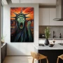 Wall Art titled: Compromised Freedom in a Vertical format with: Blue, Red, and Green Colors; Decoration the Kitchen wall