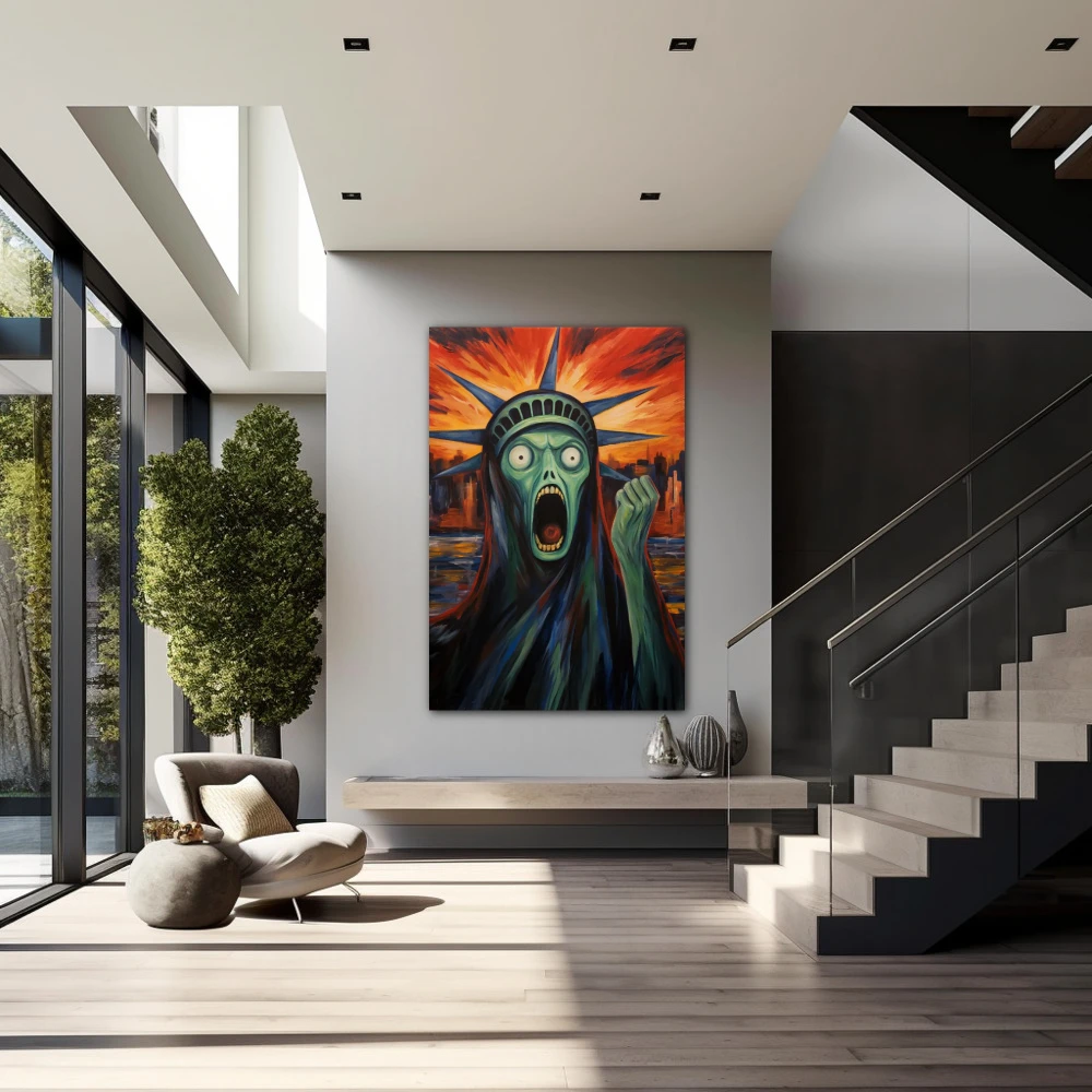 Wall Art titled: Compromised Freedom in a Vertical format with: Blue, Red, and Green Colors; Decoration the Staircase wall