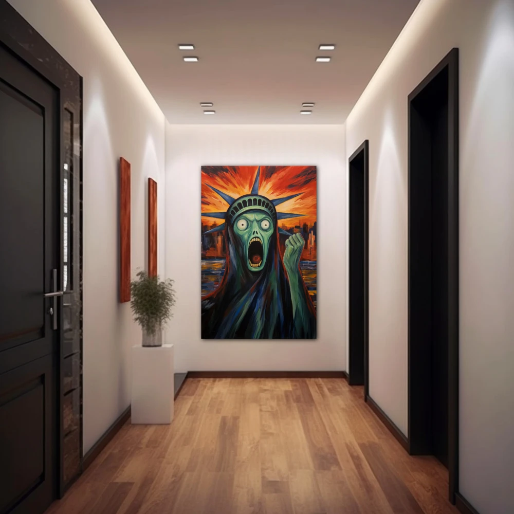 Wall Art titled: Compromised Freedom in a Vertical format with: Blue, Red, and Green Colors; Decoration the Hallway wall