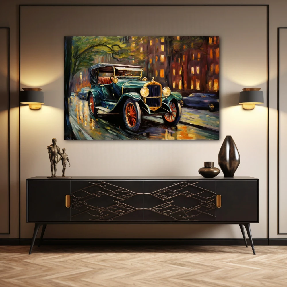 Wall Art titled: Reflections of a Golden Era in a Horizontal format with: Golden, Brown, and Green Colors; Decoration the Sideboard wall