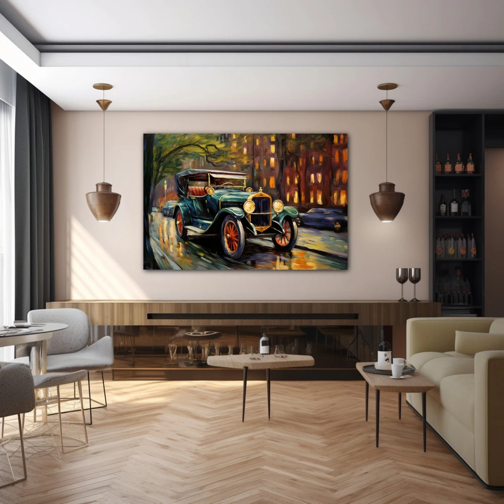 Wall Art titled: Reflections of a Golden Era in a Horizontal format with: Golden, Brown, and Green Colors; Decoration the Bar wall