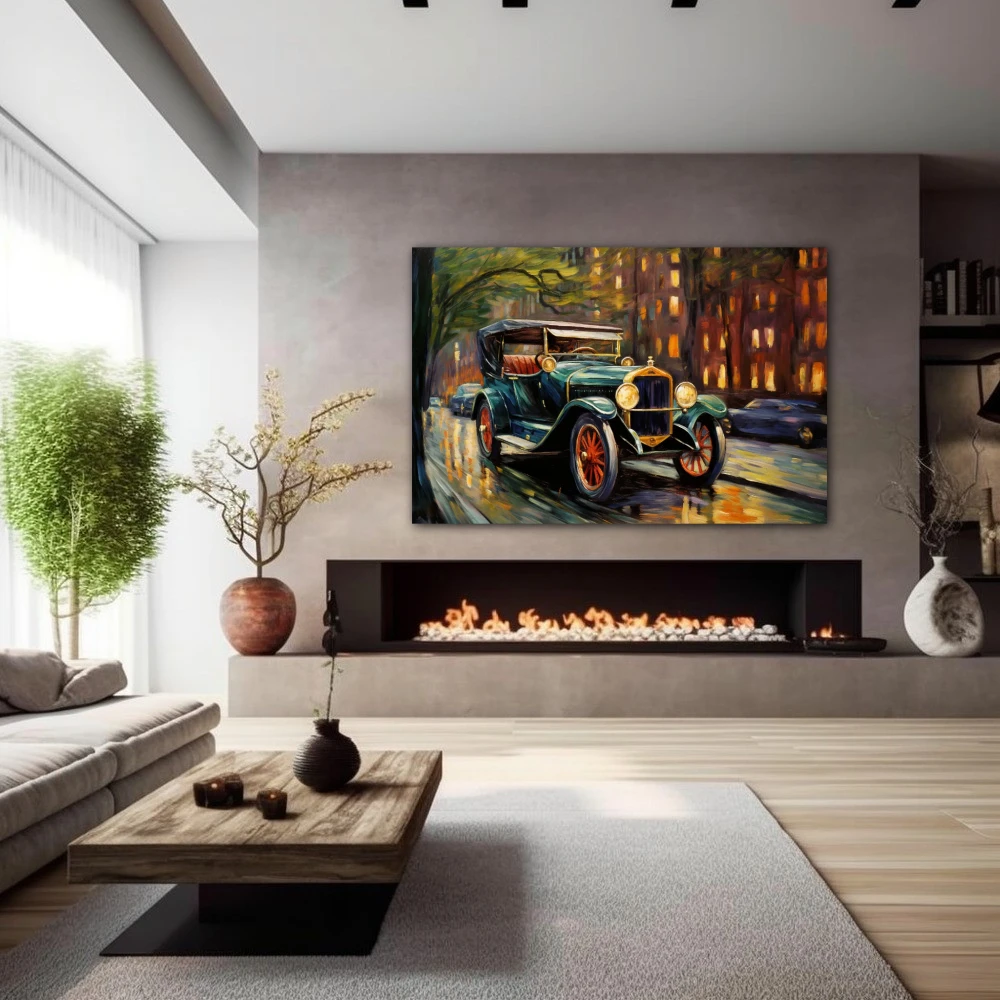 Wall Art titled: Reflections of a Golden Era in a Horizontal format with: Golden, Brown, and Green Colors; Decoration the Fireplace wall